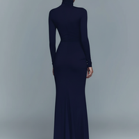 Women's Navy Elegant Stretch Polyester-Cotton Blend Turtleneck Draped Maxi Dress MDA1742J1I