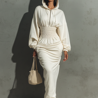 Women's Minimalist Waist Shirring Hooded Sweatshirt Maxi Dress MDA1965L4Y