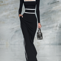 Women's Black And White Trim Square Neck Long Sleeve Tight Maxi Dress MDA1698G8Y