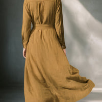 Women's Mustard Elegant Linen Blended Button - Front Belted Midi Shirt Dress MDA1800I6I