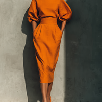 Women's Orange Mid-sleeve Top And Midi Skirt Set MDA2511G6T