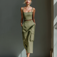 Women's Olive Green Linen Fabric Sleeveless Midi Dress With Cargo Pockets & Belted Waist MDZ2753A1T