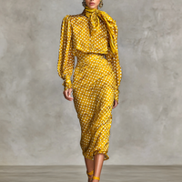 Women's Vintage Satin Polka Dot Print Shirt And Skirt Two-Piece Set (Not including scarf) MDA3073G0Y