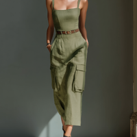 Women's Olive Green Linen Fabric Sleeveless Midi Dress With Cargo Pockets & Belted Waist MDZ2753A1T