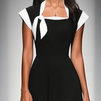 Women's Colorblock Square Neck Cap Shoulder Sleeve Waist Midi Dress MDA2447F4Y