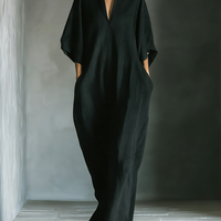 Women's Black Cotton Blend Fabric Oversized Kimono-Sleeve Maxi Dress With Pockets MDZ0577A3T