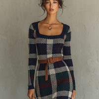 Women's Minimalist Check Knit Belted Square Neck Maxi Dress MDA2984J0Y