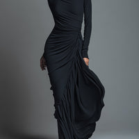 Women's Black Elegant Jersey Knit Ruched Maxi Dress MDA1541H1I