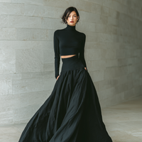 Women's Fashionable And Elegant Black Fitted Turtleneck Long-sleeved Cropped Top Paired With A Black Long Skirt MDA2692K3AN