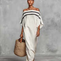 Women's Minimalist Linen Blend Off-the-shoulder Batwing Sleeve Straight-cut Maxi Dress MDZ0949A8Y