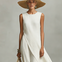 Women's Ivory Breathable Linen Dress With Sleeveless Detail & Asymmetric Hem, Contemporary Casual-Feminine Style Dress MDZ0408C2I