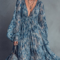 Women's Bohemian Style Blue Floral Print V-Neck Lantern Sleeve Chiffon Maxi Dress MDZ1067B8BA