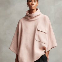 Women's Dusty Pink Woven Poncho Top with Cowl Neck & Patch Pocket, Modern Effortless-Chic Pullover MDA2221I1I