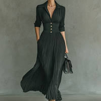 Women's Solid Color Pleated Lapel Waist Long Sleeve Maxi Dress MDA0826G1Y