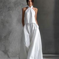 Women's Casual White Cotton And Linen Halter-neck Sleeveless Top And Skirt Set MDZ1269A6AN