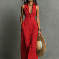 Women's Minimalist Linen-Blend Collared Single-Breasted Sleeveless Maxi Shirt Dress MDZ1011C0Y