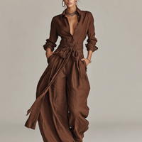 Women's Elegant Brown Woven Cotton-linen Long-sleeved Shirt Collar Jumpsuit With Belt MDA1965L9AN