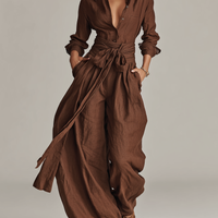 Women's Elegant Brown Woven Cotton-linen Long-sleeved Shirt Collar Jumpsuit With Belt MDA1965L9AN