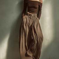 Women's Fashionable And Sexy Dark Brown Off-the-shoulder Long-sleeved Fitted Top Paired With Matching Wide-leg Trousers (belt Not Included) MDA1455K9AN