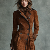 Women's Suede Trim Double-breasted Lapel Long Coat MDA2580H6Y