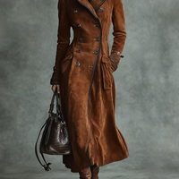 Women's Suede Trim Double-breasted Lapel Long Coat MDA2580H6Y