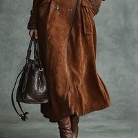 Women's Suede Trim Double-breasted Lapel Long Coat MDA2580H6Y