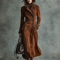 Women's Suede Trim Double-breasted Lapel Long Coat MDA2580H6Y