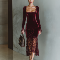 Women's Burgundy Velvet Lace Fitted Maxi Dress MDA1190J4T