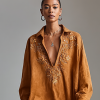 Women's Suede Loose Lapel V-neck Embroidered Long-sleeved Midi Dress MDA1489H9Y
