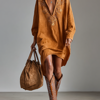 Women's Suede Loose Lapel V-neck Embroidered Long-sleeved Midi Dress MDA1489H9Y