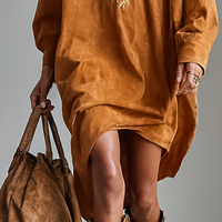 Women's Suede Loose Lapel V-neck Embroidered Long-sleeved Midi Dress MDA1489H9Y