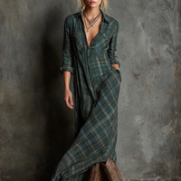 Women's Plaid Lapel Single-Breasted Shirt Maxi Dress MDA1249H1Y