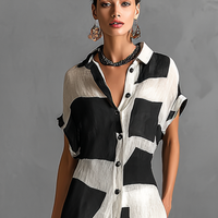 Women's Cotton And Linen Blend Irregular Geometric Print Lapel Single-Breasted Short-Sleeved Maxi Shirt Dress MDA1689G1Y