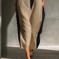 Women's Black And Beige Cotton Blend Halter Neck Midi Dress With Keyhole Cutout & Color Block Design MDZ1027C7T