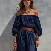 Women's Casual Dark Blue Cotton Linen Strapless Long-sleeved Dress (belt Not Included) MDZ1281C1AN