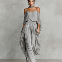 Women's Grey Breathable Chiffon Set With Cold-Shoulder Detail & Flared Silhouette, Contemporary Luxury-Feminine Style Set MDZ2651B6I