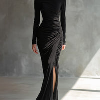 Women's Black Elegant Jersey Off - Shoulder Ruched Slit Maxi Dress MDA2125H9I