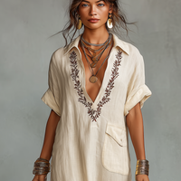 Women's Minimalist Linen Blend Embroidered Short-sleeved Shirt Maxi Dress MDZ0600A1Y