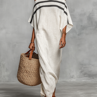 Women's Minimalist Linen Blend Off-the-shoulder Batwing Sleeve Straight-cut Maxi Dress MDZ0949A8Y