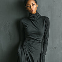 Women's Charcoal Elegant Stretch Polyester-Cotton Blend Turtleneck Draped Maxi Dress MDA1727J1I