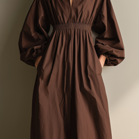 Women's Casual Brown Cotton And Linen V-neck Long-sleeved Maxi Dress With Elastic Waist MDZ1295A0AN