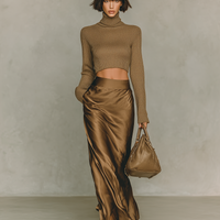 Women's Fashionable Gold-brown Turtleneck Long-sleeved Knit Top Paired With A Satin Midi Skirt MDA0982L5AN