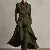 Women's Purple Bohemian Cotton Stretch Turtleneck Asymmetrical Draped Maxi Dress MDA2055J9I