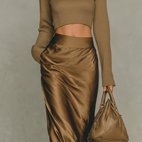 Women's Fashionable Gold-brown Turtleneck Long-sleeved Knit Top MDA2260L4AN