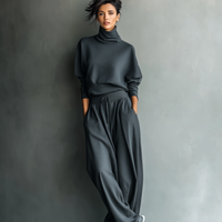 Women's Charcoal Knit Fabric Turtleneck Oversized Top & Wide-Leg Pants Set MDA2435L7T