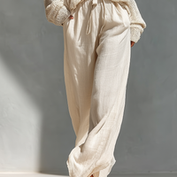 Women's Beige Knit Fabric Cold-Shoulder Turtleneck Top & Wide-Leg Pants Set MDZ0984A5T
