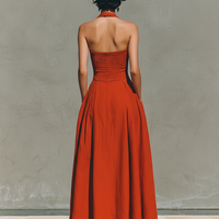 Women's Red Linen Maxi Dress With Halter Neck & Pleated Skirt, Timeless Elegant-Resort Style Dress MDZ2016C7I