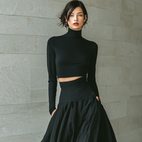 Women's Fashionable And Elegant Black Fitted Turtleneck Long-sleeved Cropped Top Paired With A Black Long Skirt MDA2692K3AN