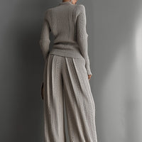 Women's Taupe Elegant Knit Textured Sweater & Wide - Leg Pants Set MDA1453H6I