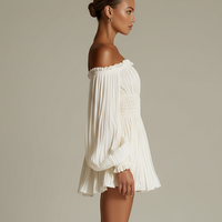 Women's Ivory Pleated Dress With Off-Shoulder Neckline & Ruched Waist, Timeless Sexy-Elegant Style Dress MDZ1305B8I